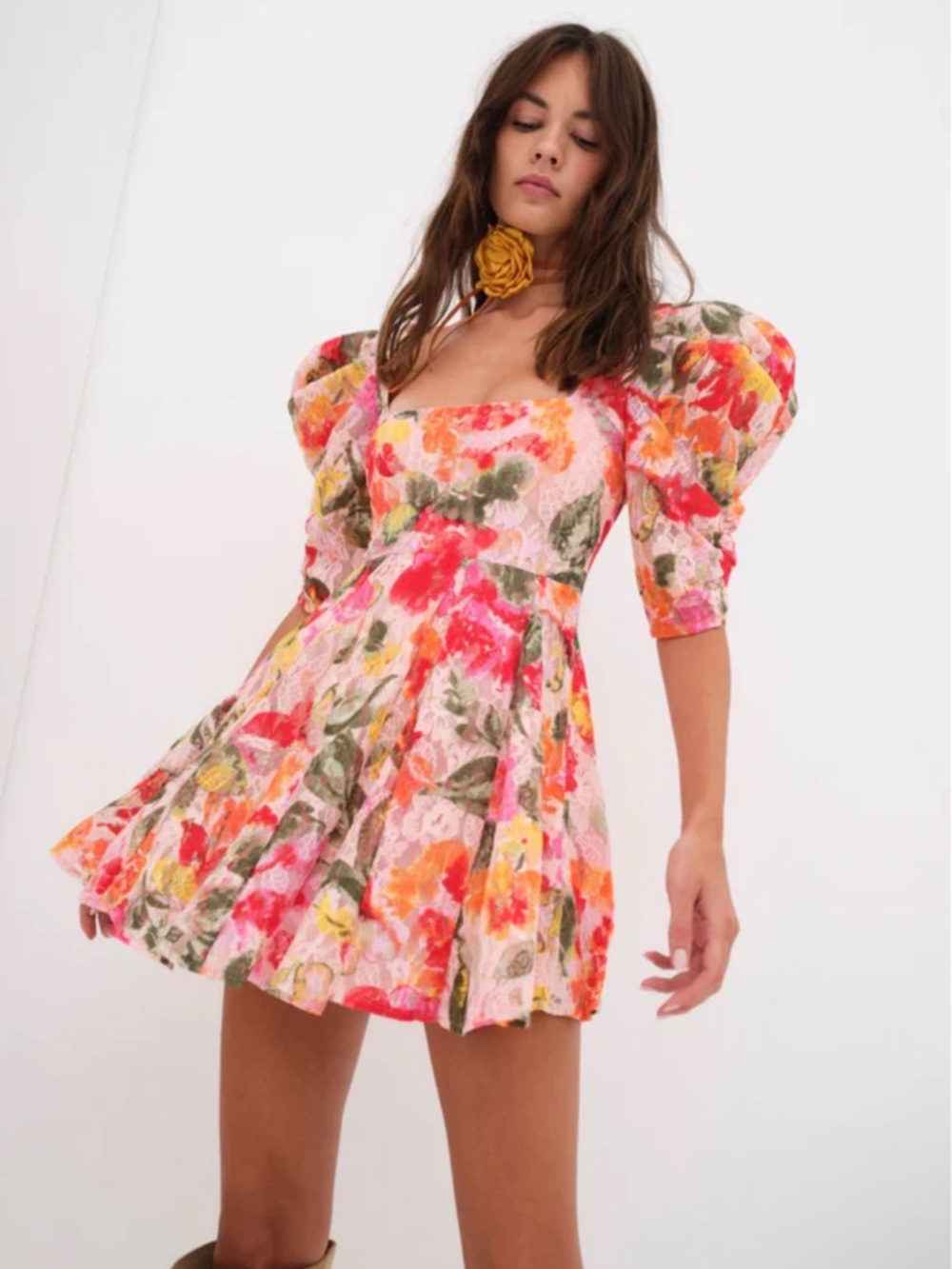 For Love & Lemons Dascha Puff Sleeve Mini Dress Light Pink Floral Lace